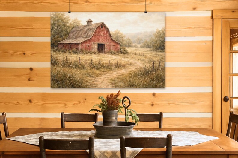 Rustic Red Barn Poster, Farmhouse Barn Wall Art, Country Landscape ...