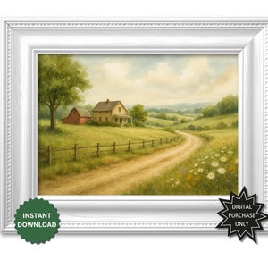 Country Farmhouse Road Scene | Cottagecore Watercolor Landscape | Wildflower Printable | Rustic Countryside Wall Art