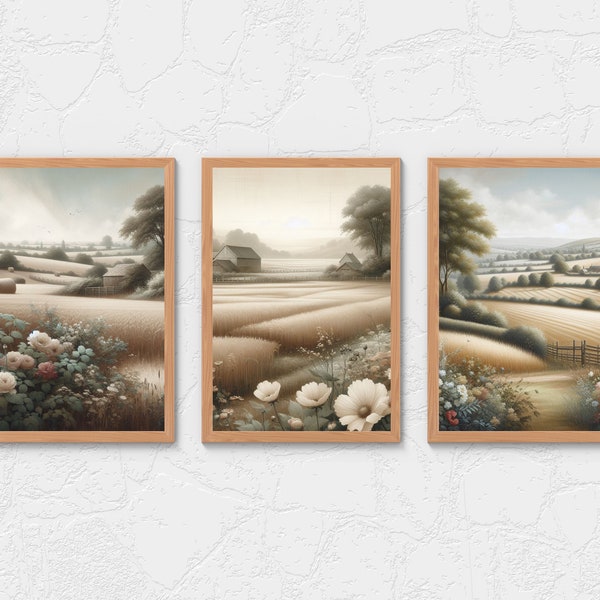 Neutral Farmland Vintage Wall Art - Set of 3 Prints, Country Landscape Paintings Trio, Farmhouse Wall Decor, Printable Art