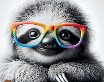 Sloth with Colorful Glasses – Funny Animal Nursery or Office Decor |  Instant Download