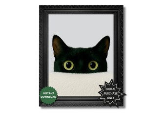 Funny Peeking Black Cat Art Print | Playful Cat Lover Gift (Digital Download)