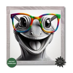 Laughing Gecko with Rainbow Glasses | Fun Reptile Wall Art | Instant Download Print