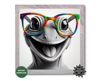 Laughing Gecko With Rainbow Glasses Fun Reptile Wall Art