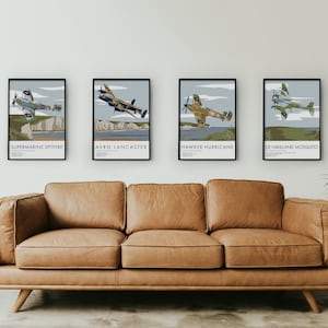 Paquete de 4 impresiones de aviones: impresiones de aviones Spitfire, Lancaster, Hurricane y Mosquito, vuelo de la Batalla de Inglaterra, acantilados blancos de Dover