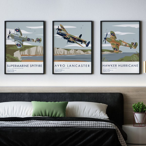 3 Bundle Aircraft Print - Spitfire, Lancaster & Hurricane Aviation Prints, Battle of Britain Flight, White Cliffs of Dover, Plane Art, Gift