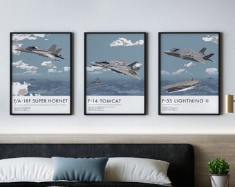 US Navy Aircraft Print Set: F/A 18F, F-14, F-35 Aviation Art