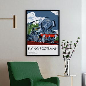 May include: A vintage poster featuring a green and black steam locomotive, the Flying Scotsman, against a blue sky with white clouds. The poster has the text "Flying Scotsman" and "Class A3 No. 4472 built December 1923.  4-6-2 Pacific Steam Locomotive.  First Locomotive in the World to reach 100 mph."