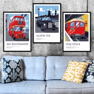London Transportation Poster Set: AEC Routemaster on Tower Bridge, 1938 Train at Charring Cross, Austin FX4 at Westminster