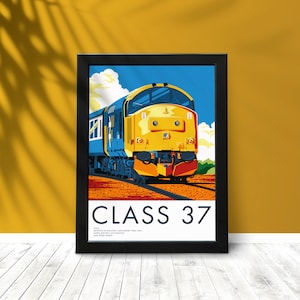 May include: A vintage-style poster featuring a yellow and blue diesel-electric locomotive with the text "CLASS 37" and details about the train.
