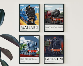 Steam Locomotive 4 Print Bundle: Flying Scotsman, Princess Royal Class, Mallard & Evening Star Train Prints