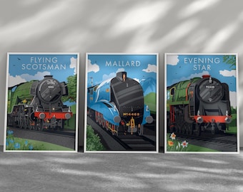Steam Locomotive 3 Print Bundle: Flying Scotsman, Mallard & Evening Star Train Prints