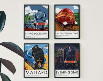 Vintage Steam Train Art Prints: Flying Scotsman, Mallard, LMS Coronation Class, Evening Star