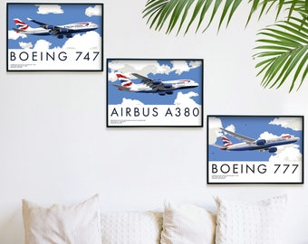 Triple Pack British Airways Prints: Boeing 747, Boeing 777 & Airbus A380 Plane Art, Aviation Poster