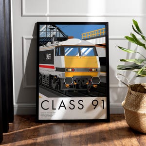 May include: A white and yellow electric train with the text "CLASS 91" and "LNER" on the side. The train is on a track in a train station.