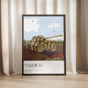 Puede incluir: Impresión enmarcada de un tanque Tiger II en camuflaje, sobre un fondo de cielo azul con nubes y árboles. La impresión incluye el texto "TIGER II" y otros detalles sobre el tanque.