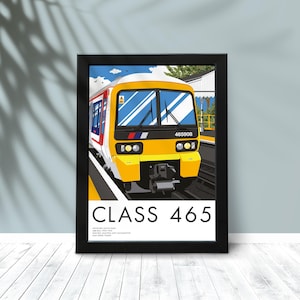 May include: A framed art print featuring a yellow, white, and red Class 465 electric multiple unit train at a station platform. The text reads CLASS 465, NETWORK SOUTH-EAST, 465 RAIL 1993-1994, ELECTRIC MULTIPLE UNIT LOCOMOTIVE, MAX SPEED 75MPH.