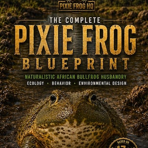 Può includere: Una copertina di libro intitolata The Complete Pixie Frog Blueprint con una rana toro africana verde. Il testo include Naturalistic African Bullfrog Husbandry, Ecology, Behavior, Environmental Design e un badge Based on 17+ Years Hands-on Experience.