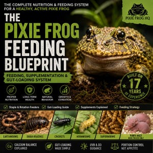 Puede incluir: El Pixie Frog Feeding Blueprint, una guía para la nutrición saludable de ranas. La imagen presenta una rana grande, opciones de alimentación como lombrices y grillos, y texto que detalla la alimentación, la suplementación y el sistema de carga intestinal. Incluye información sobre nutrición y salud.