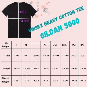 Peut inclure: Tableau des tailles pour le t-shirt en coton lourd unisexe Gildan 5000, indiquant les mesures en pouces pour les tailles S &agrave; 5XL. Les mesures comprennent la largeur, la longueur et la longueur des manches.