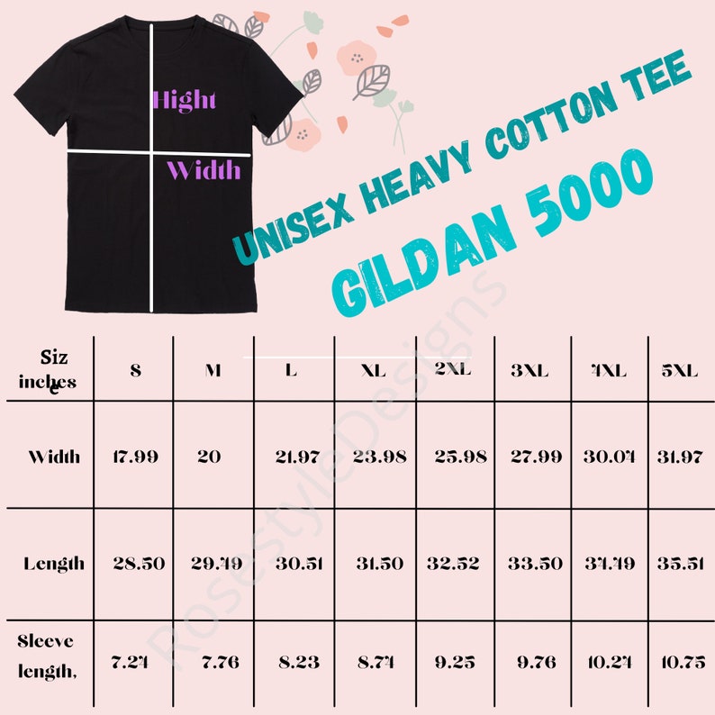 Peut inclure: Tableau des tailles pour le t-shirt en coton lourd unisexe Gildan 5000, indiquant les mesures en pouces pour les tailles S &agrave; 5XL. Les mesures comprennent la largeur, la longueur et la longueur des manches.