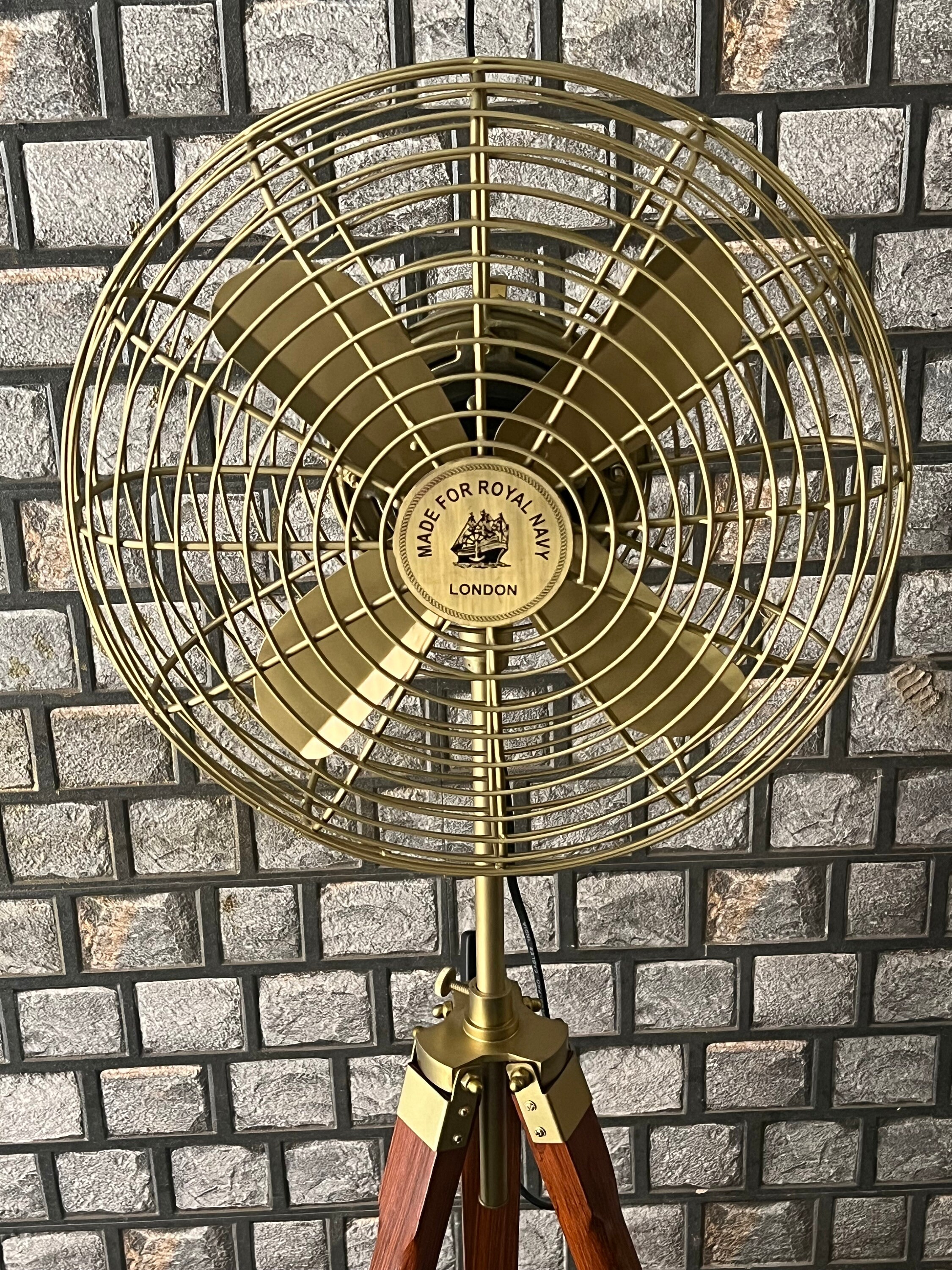 Antique Brass Electric Floor Fan With Wooden Tripod Floor Fan Etsy