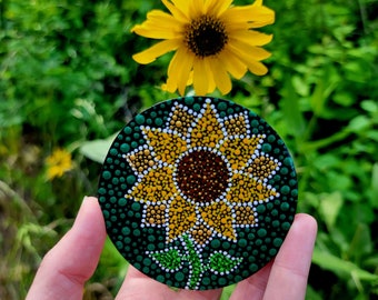 Sunflower Magnet, Hand painted, Hand made, Unique, Dot art, Art, Paintings, Fridge, Gift, Gifts, Floral, Flowers, Outdoors, Travel, Sunny