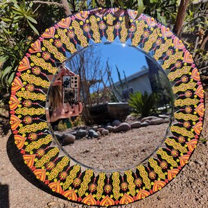 18 Sun Mandala Mirror, Wooden round, Beveled Mirrors, Hand Painted Dot Art, Wall Hanging image 2