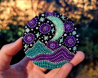 Starry night moon magnet, hand painted, handmade, unique painted magnets, gifts for her, him, Mountains, Dot art, crescent moon, magical