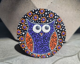 Owl Magnet. Handmade, Hand Painted, Owls, Unique, Magnets, Cute, Gifts, Dot art, Art, Decor, Colorful, Halloween, Purple, Orange, Fridge