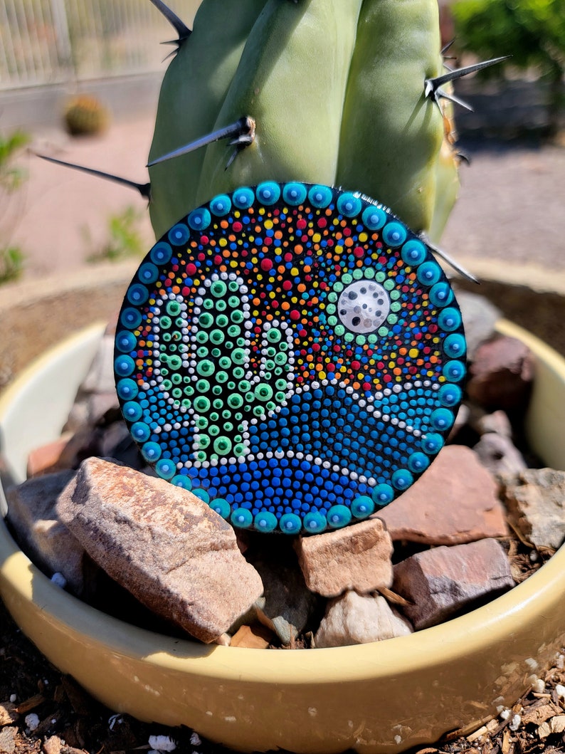 Cactus magnet, Moon, Cacti, Handmade, Painting, Unique, Colorful, Outdoors, Adventure, Desert, Fridge, Blue, Red, Cactus Decor, Gift, Cute image 1