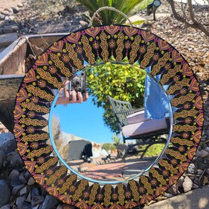 18 Sun Mandala Mirror, Wooden round, Beveled Mirrors, Hand Painted Dot Art, Wall Hanging image 5