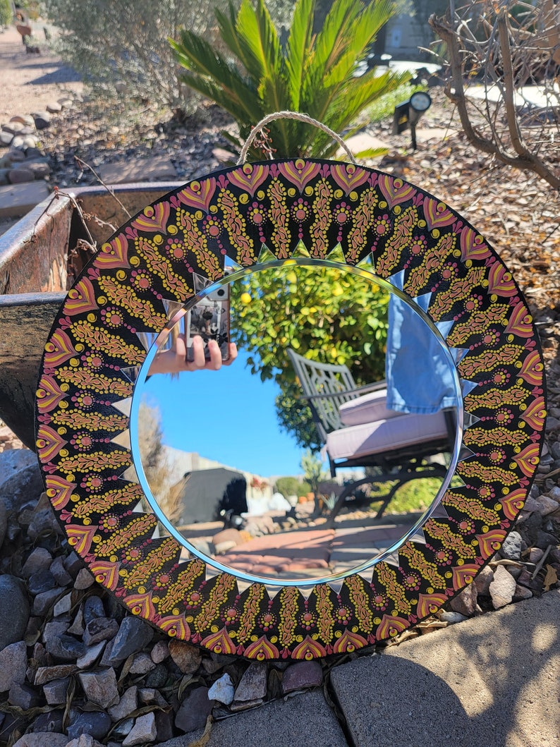 18 Sun Mandala Mirror, Wooden round, Beveled Mirrors, Hand Painted Dot Art, Wall Hanging image 5