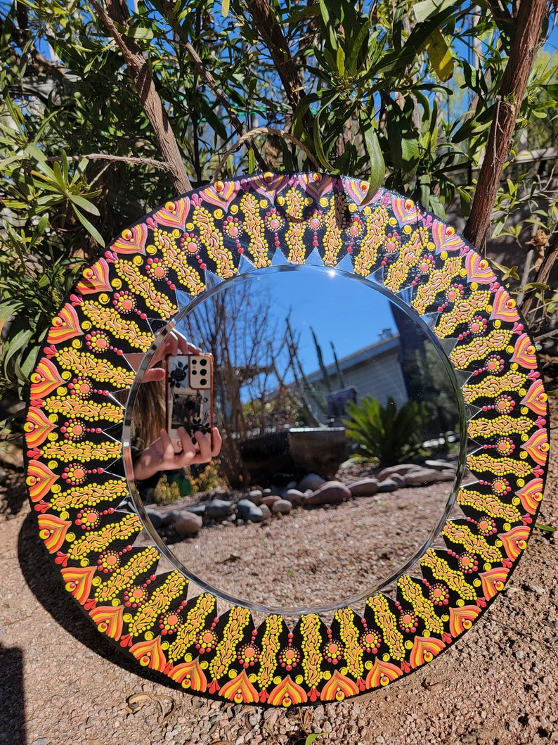 18 Sun Mandala Mirror, Wooden round, Beveled Mirrors, Hand Painted Dot Art, Wall Hanging image 2