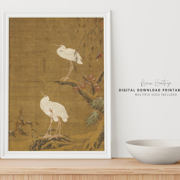 Chinese Egret Bird Ancient Wall Art, Printable Digital Download Beige Oriental Scenery Landscape Antique Print| Christmas Gift Idea | 204
