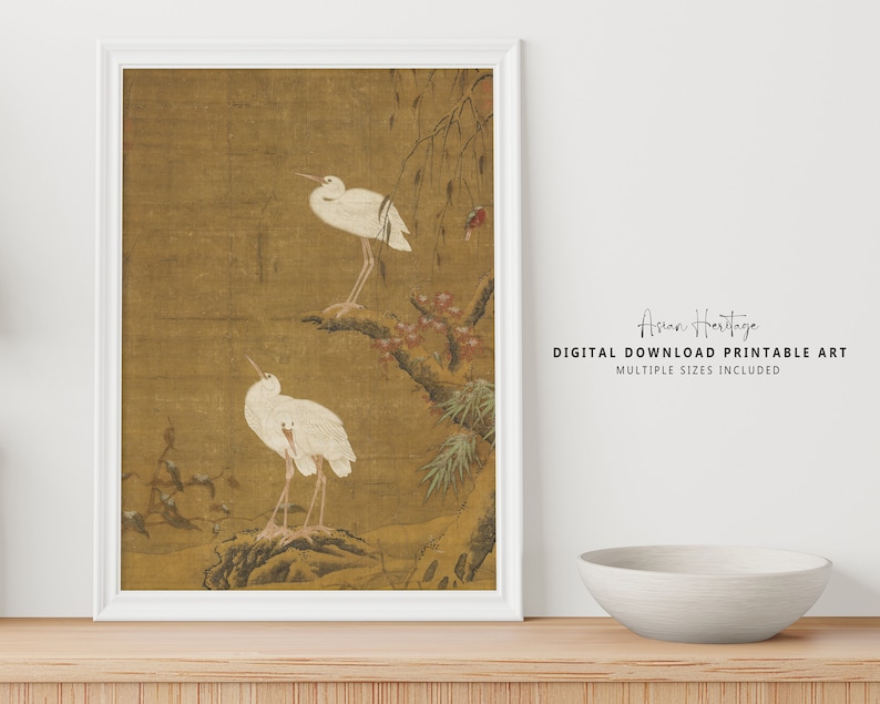 Chinese Egret Bird Ancient Wall Art, Printable Digital Download Beige Oriental Scenery Landscape Antique Print Christmas Gift Idea 204 image 1