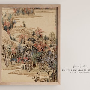 Arte della parete cinese foresta colorata / Vintage XIX secolo stampabile Download digitale Paesaggio asiatico orientale Stampa antica / 050