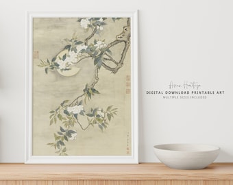 Moonlight White Flowers Ancient Wall Art | Antique Printable Digital Download Asian Oriental Scenery Landscape Floral Botanical Print | 078