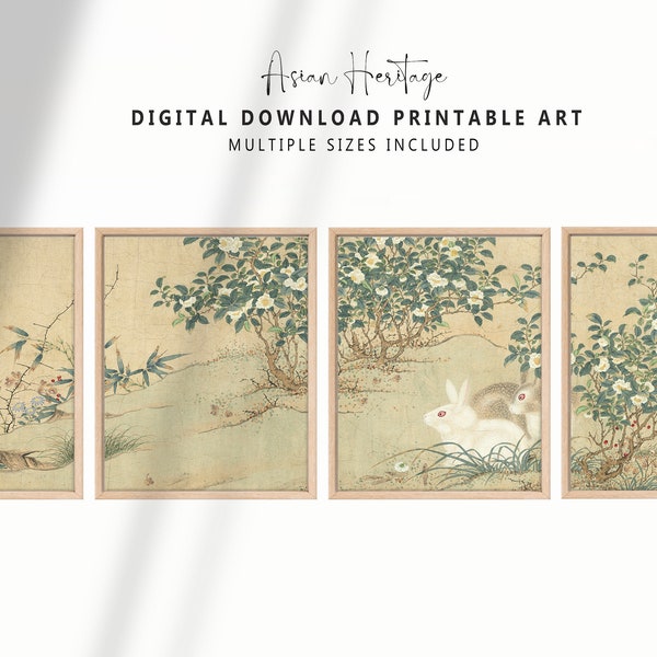 Rabbits with Botanical Flowers Gallery Wall Set 10 Art Prints, Square Horizontal Printable Download Asian Oriental Office Wall Decor | 223