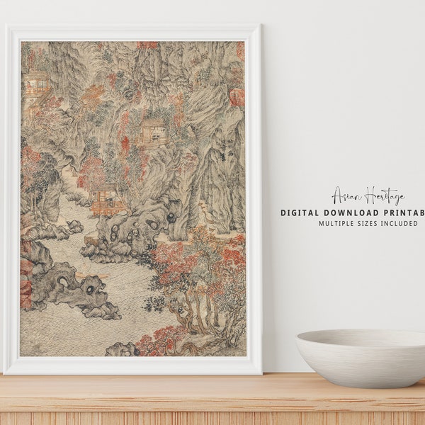 Inn in a relaxing mountains Neutal Chinese Ancient Wall Art | Boho Neutal Printable Download Asian Oriental Scenery Landscape Print | 212