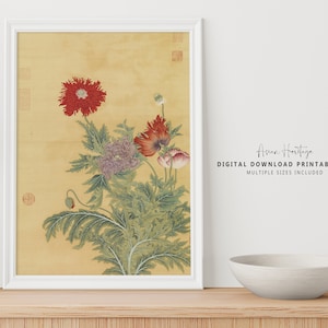 Floral Red and Purple Flowers Ancient Art, Antique Printable Digital Download China Oriental Unique personality Bold Botanical Print | 068