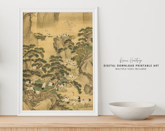 Op de afbeelding: Een digitale downloadbare printbare kunstafdruk met een traditionele Aziatische schildering van kranen in een berglandschap. De schildering is uitgevoerd in tinten bruin, groen en wit. De tekst "Asian Heritage" en "Digital Download Printable Art" is in de afbeelding opgenomen.