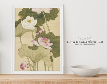 Lotus Water Strides Flower Ancient Wall Art | Antique Printable Digital Download Asian Oriental Scenery Botanical Print | 203