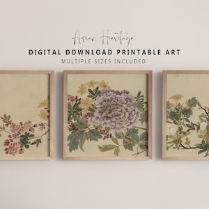 Botanical Flowers  Gallery Wall Set 8 Art Prints | Vintage Square Horizontal Printable Download Asian Oriental Antique Print Decor | 050