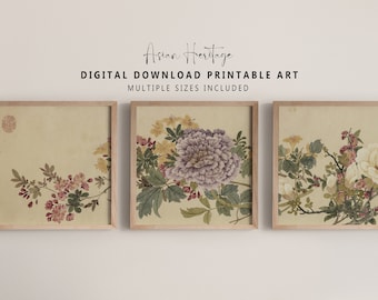 Botanical Flowers  Gallery Wall Set 8 Art Prints | Vintage Square Horizontal Printable Download Asian Oriental Antique Print Decor | 050