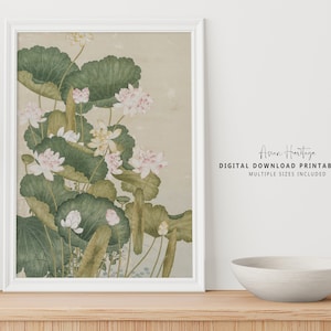 Lotus Water Strides Flower Ancient Wall Art | OUR BESTSELLER! | Antique Printable Download Asian Oriental Boho Scenery Botanical Print | 075