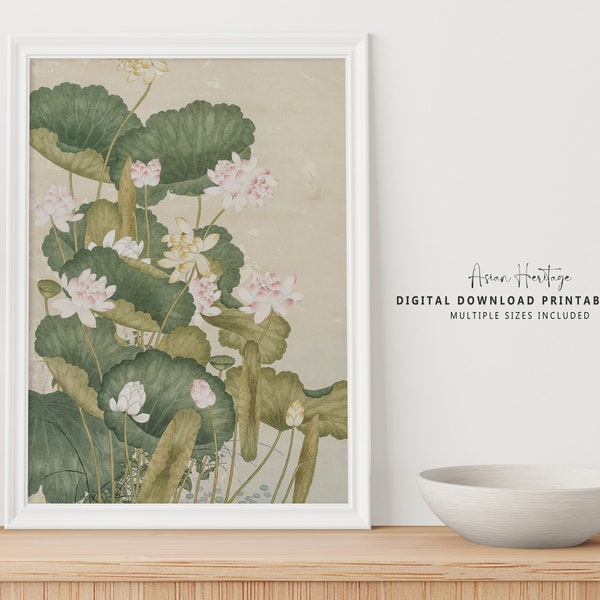 Lotus Wasser schreiten Blumen-uralte Wandkunst | UNSER BESTSELLER! | antik Druckbare Asiatisch Orientalische Landschaft Boho Druck | 075