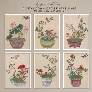 Pode incluir: Seis impressões digitais de obras de arte de inspiração asiática que representam arranjos florais em vasos com pássaros. As impressões são de estilo tradicional com pinceladas delicadas e cores vibrantes.