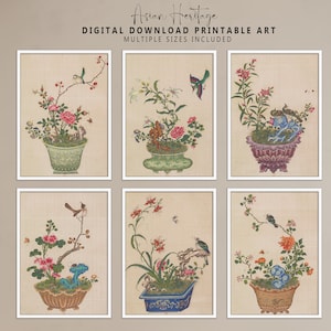 May include: Six printable art prints featuring traditional Chinese floral arrangements in pots with birds and butterflies. The prints are in a muted colour palette of pink, blue, green, and brown.