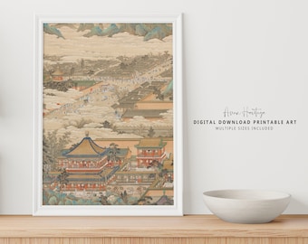 Ancient Chinese Palace and Crowded Streets Ancient Wall Art | Antique Printable Download Asian Oriental Cityscape City Scenery Print | 066