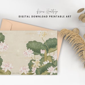 Lotus Water Strides Flower Carte imprimable ancienne | Carte de joyeux anniversaire numérique | Antique Télécharger Asian Oriental Botanical Boho Print | 001